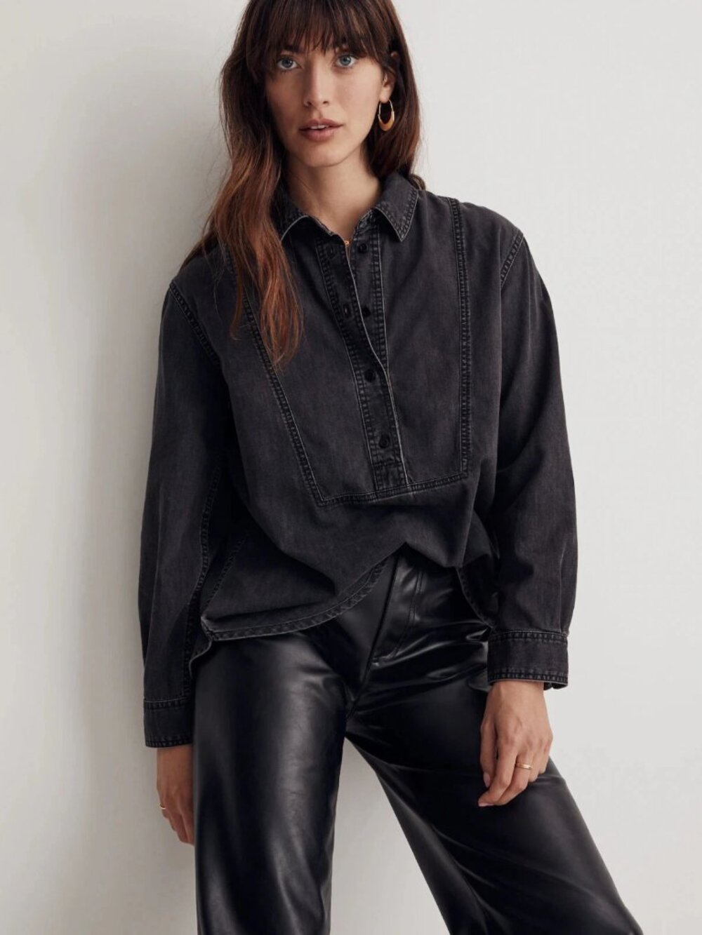 Madewell Denim Long-Sleeve Popover Collar Shirt Lunar Black Wash XS